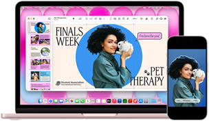 MacBook Neo, Farbe Rosa, neben einem iPhone, das MacBook Neo Display zeigt eine Präsentation mit dem Titel „Finals Week Pet Therapy“ mit dem Foto einer Person, die ein Kaninchen hält, das iPhone Display zeigt das gleiche Foto, das in einen Sticker für die Präsentation verwandelt wurde